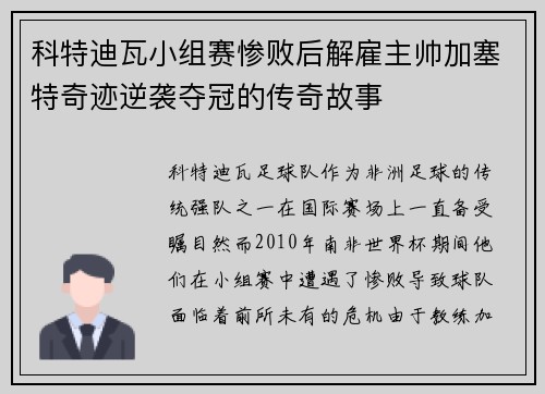 科特迪瓦小组赛惨败后解雇主帅加塞特奇迹逆袭夺冠的传奇故事